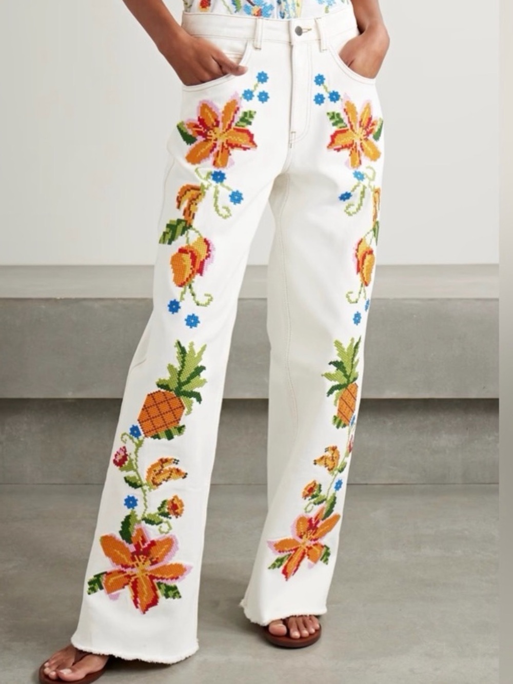 Farm Rio Embroidered Floral Twill pants